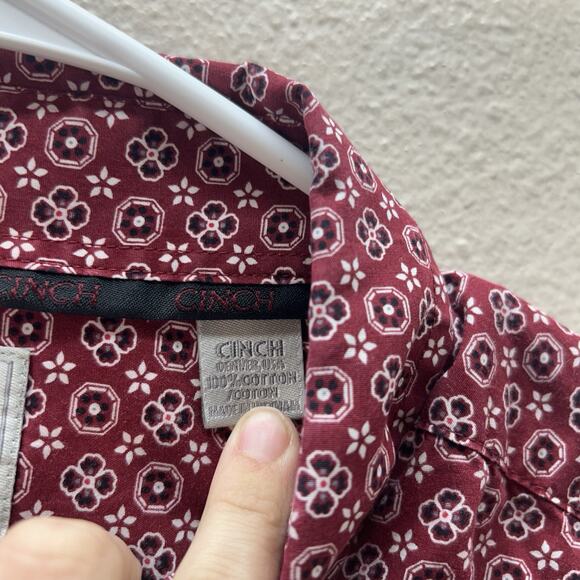 Cinch Mens Red Retro Geo Floral Print Button Down Shirt Western Ranch rodeo Sz L - Picture 3 of 6